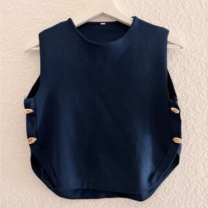 Navy Sleeveless Vest Top with Gold Button Accents